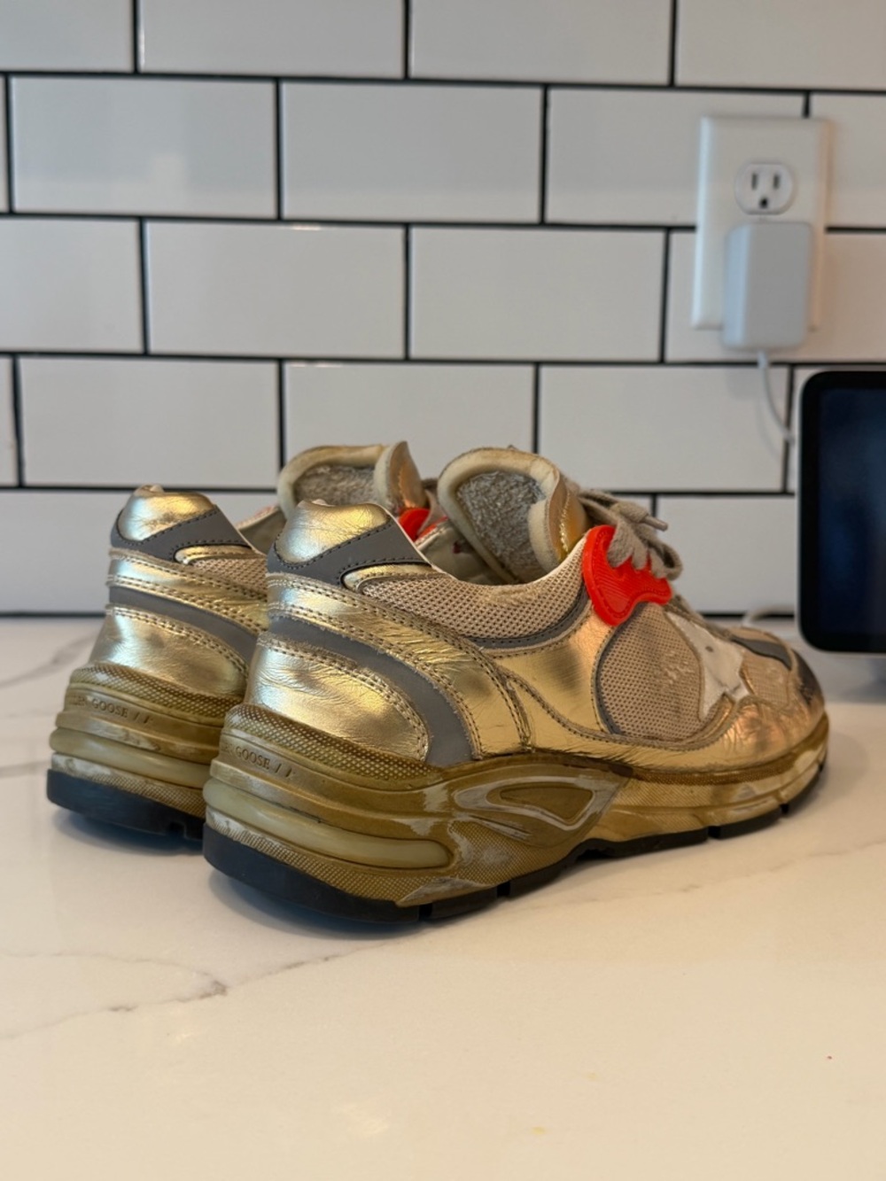 Golden Goose Dadstar Metallic Gold Sneakers with Red orange Eyelet Accents - Picture 6 of 9